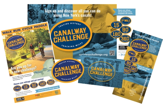 A set of promotional materials sit on top of one another.
